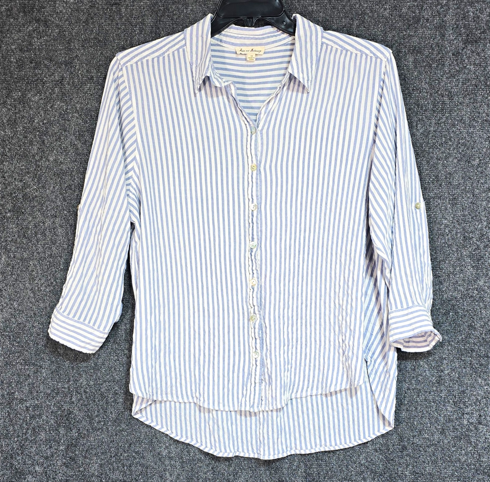 Jane + Delancey Womens 1X Blue White Striped Collared Button-Up 3/4 Sleeve
